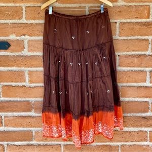 Angie Boho Tie Die Beaded Brown and Orange Festival Skirt size L